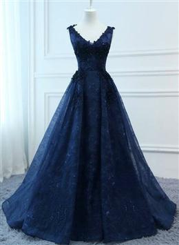 Picture of Navy Blue V-neckline Lace Long Party Dresses with Flowers, Blue V-neckline Prom Dresses